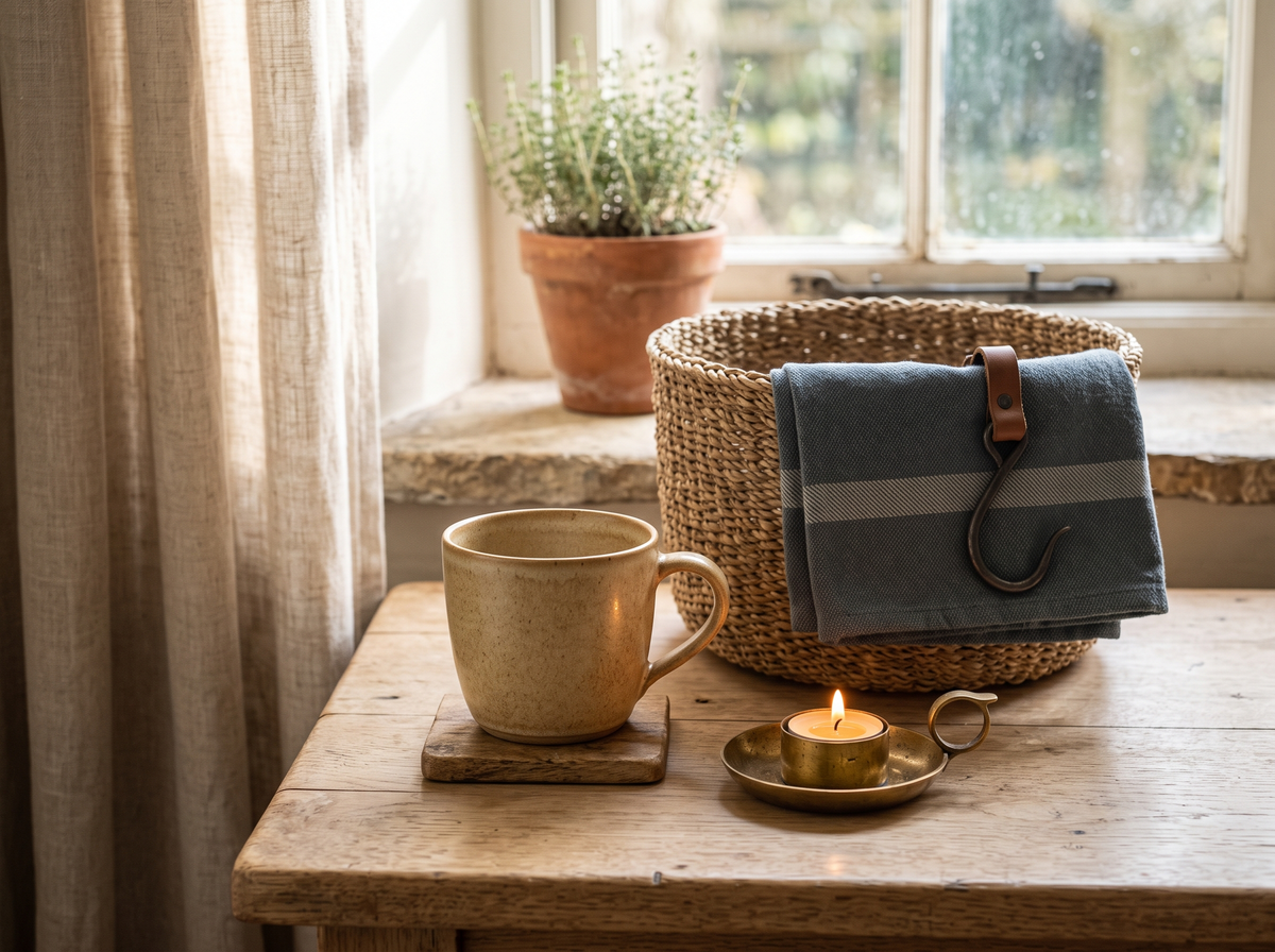 Wooden table with a mug, a woven basket and a candle by a window