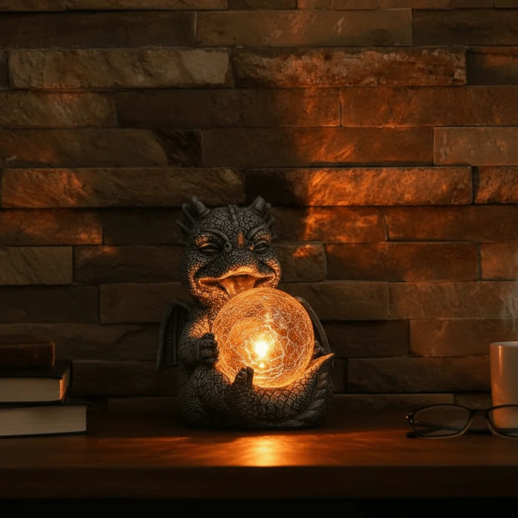 Dragon Figure Lamp with Glowing Glass Ball and Warm LED Light