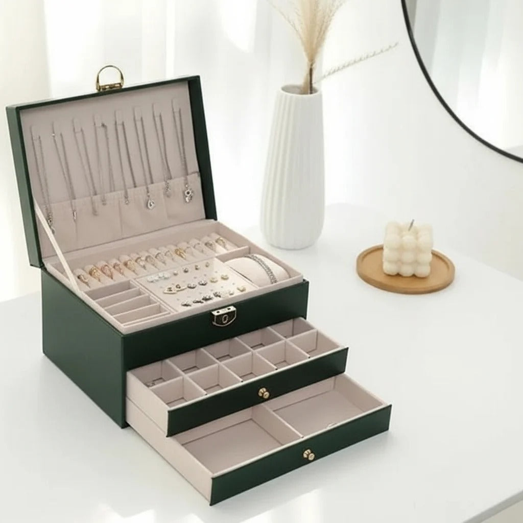 Leather Jewellery Box with Layered Compartments