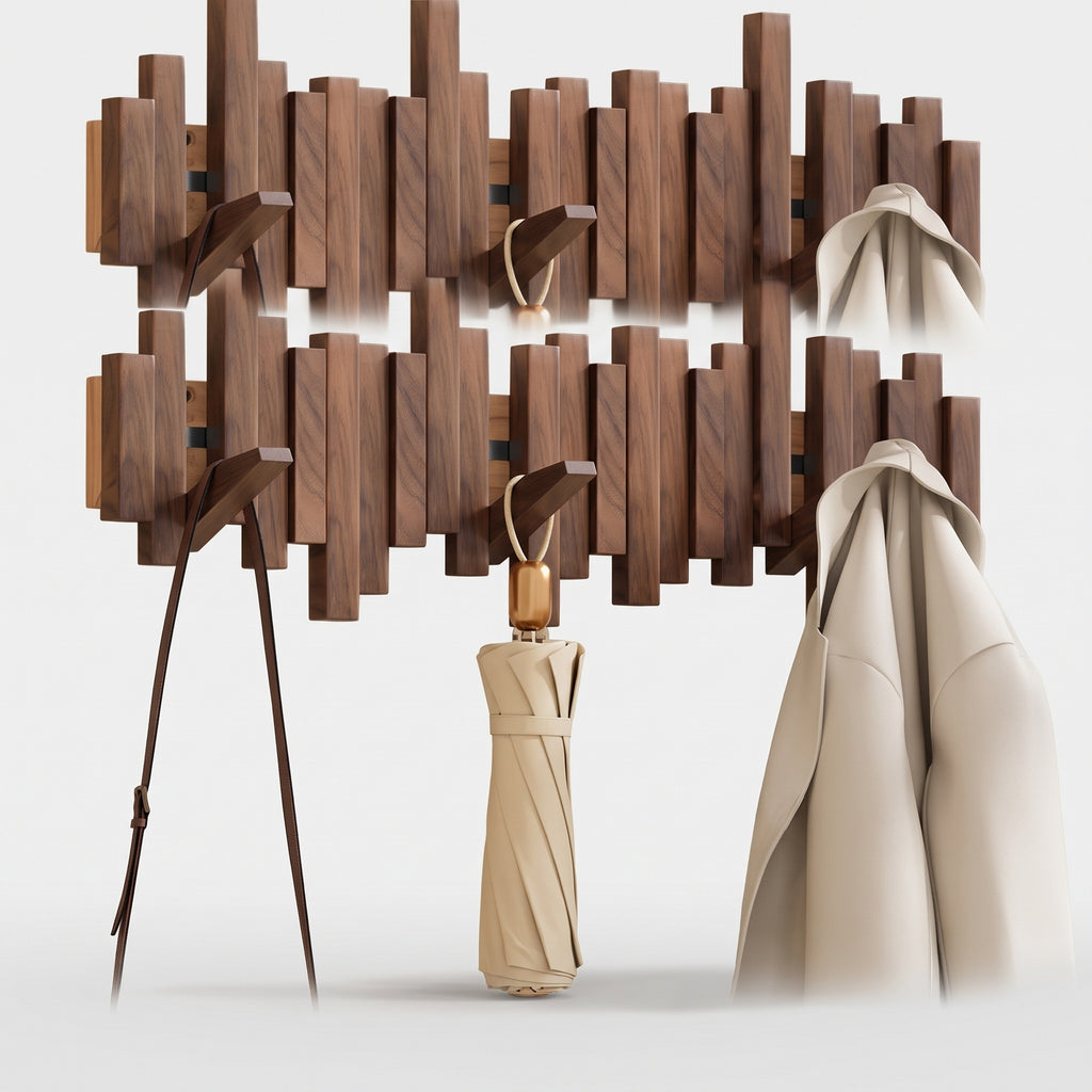 Wooden Wall Coat Rack with Folding Piano-Key Hooks