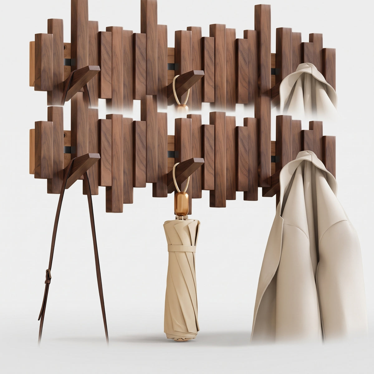 Wooden Wall Coat Rack with Folding Piano-Key Hooks