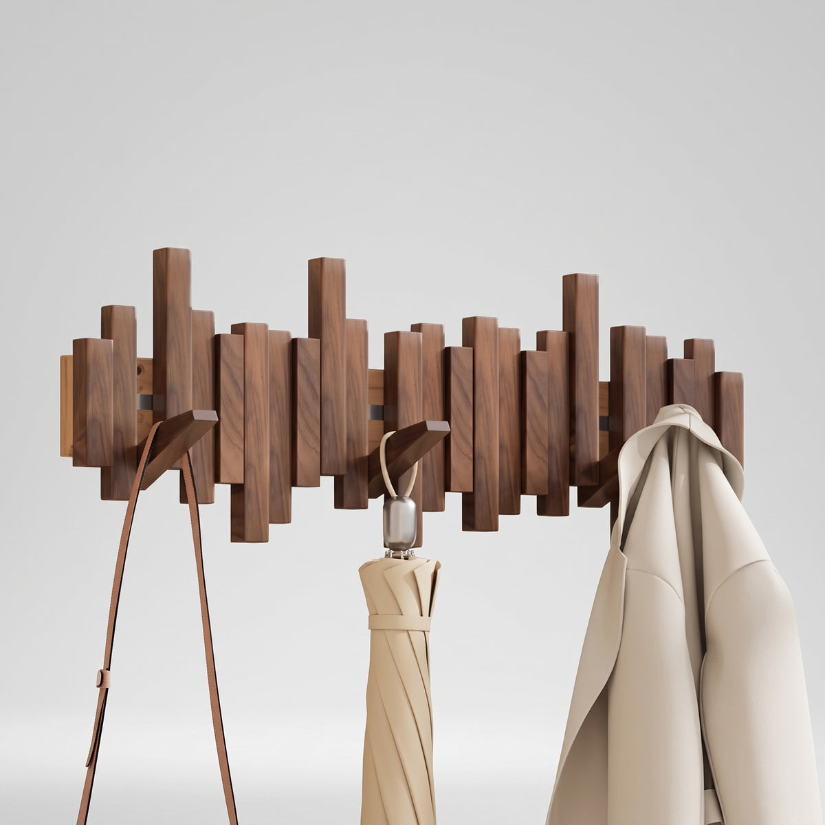 Wooden Wall Coat Rack with Folding Piano-Key Hooks