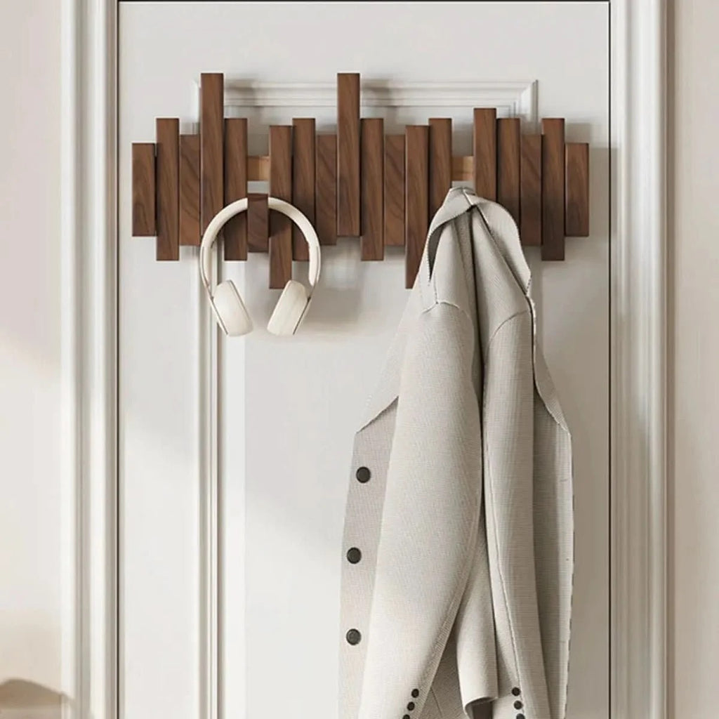 Wooden Wall Coat Rack with Folding Piano-Key Hooks